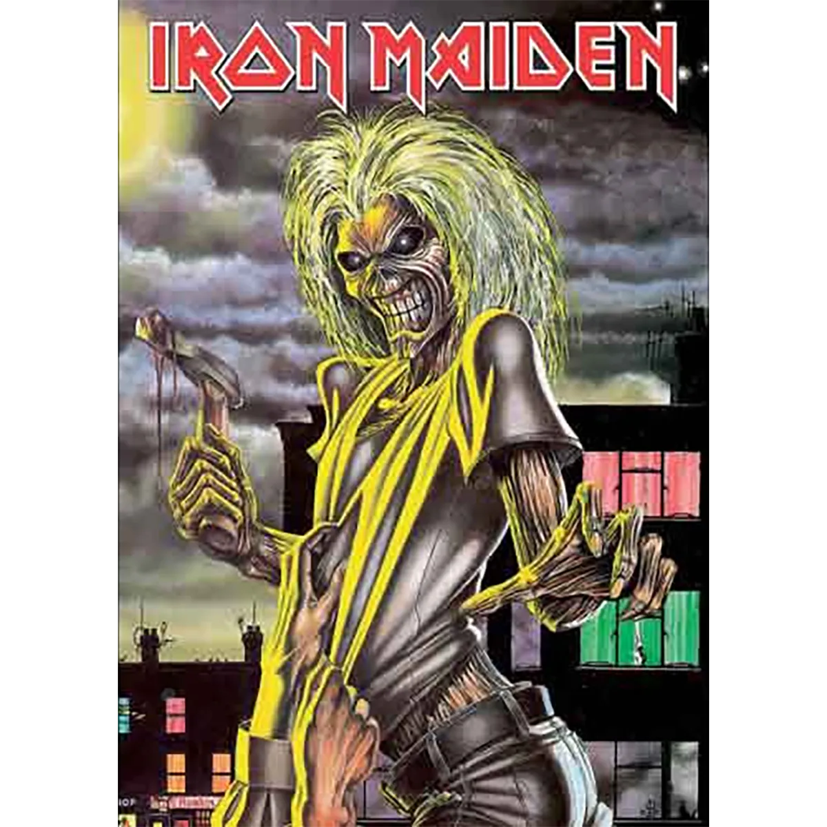 Carte postale officielle Iron Maiden Killers avec Eddie tenant une hache dans une rue nocturne | Official Iron Maiden Killers postcard featuring Eddie holding an axe in a dark city street