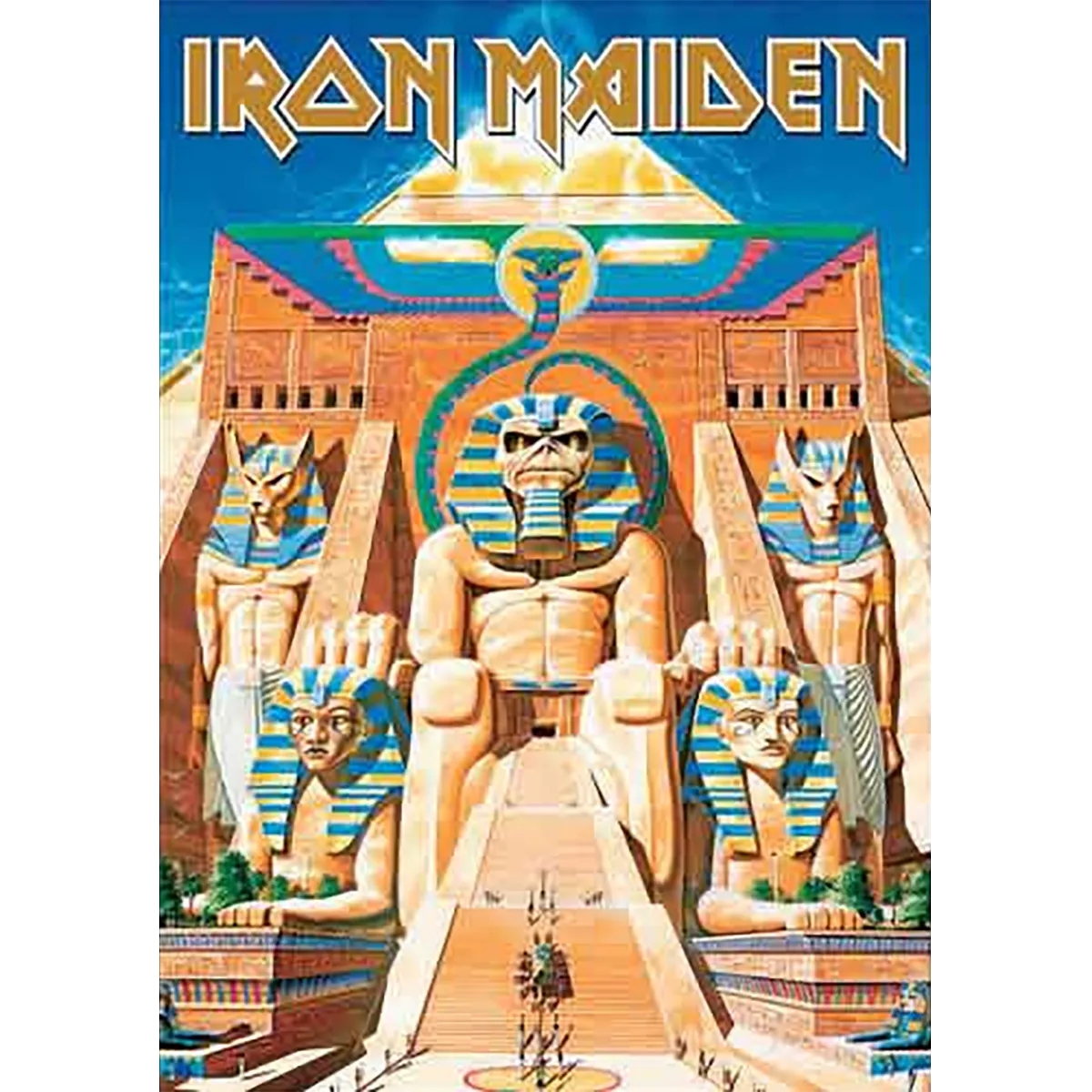 Carte postale officielle Iron Maiden Powerslave avec Eddie en pharaon devant un temple égyptien | Official Iron Maiden Powerslave postcard featuring Eddie as a Pharaoh in front of an Egyptian temple