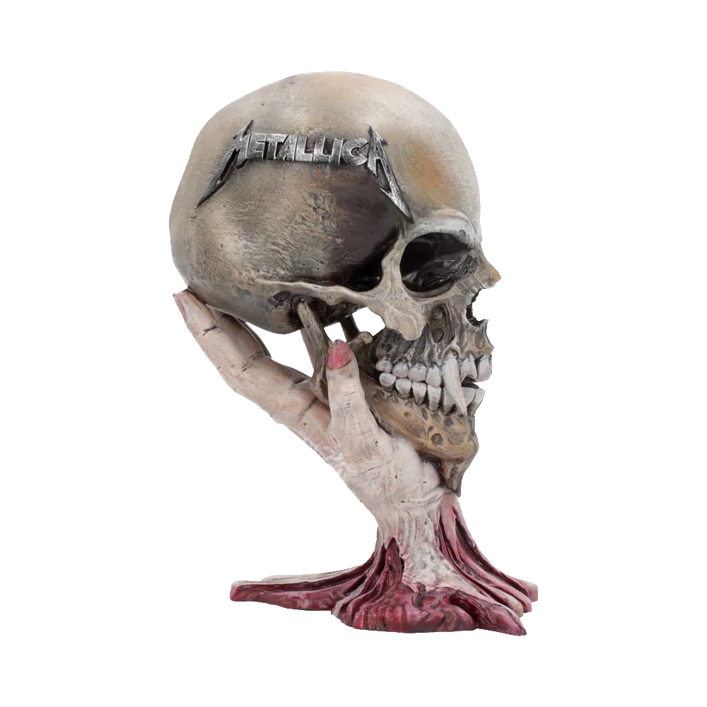 Figurine Metallica Sad But True Skull – profil gauche avec détails du logo et de la texture osseuse