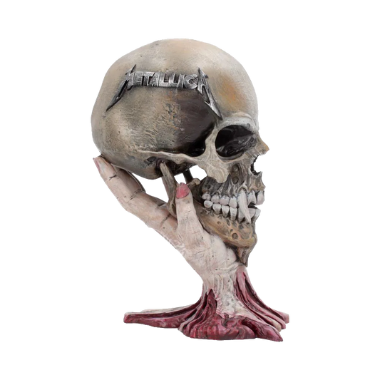 Figurine Metallica Sad But True Skull – profil gauche avec détails du logo et de la texture osseuse