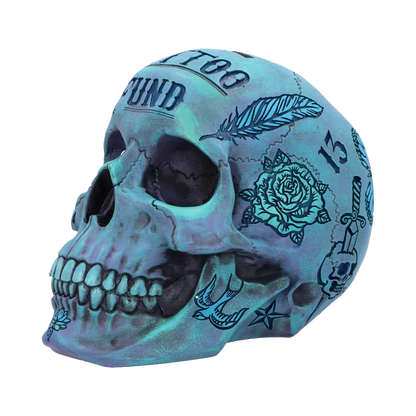 Crâne tirelire Tattoo Fund bleu nacré – vue de trois-quarts gauche
