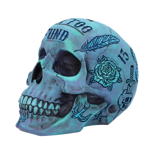 Crâne tirelire Tattoo Fund bleu nacré – vue de trois-quarts gauche