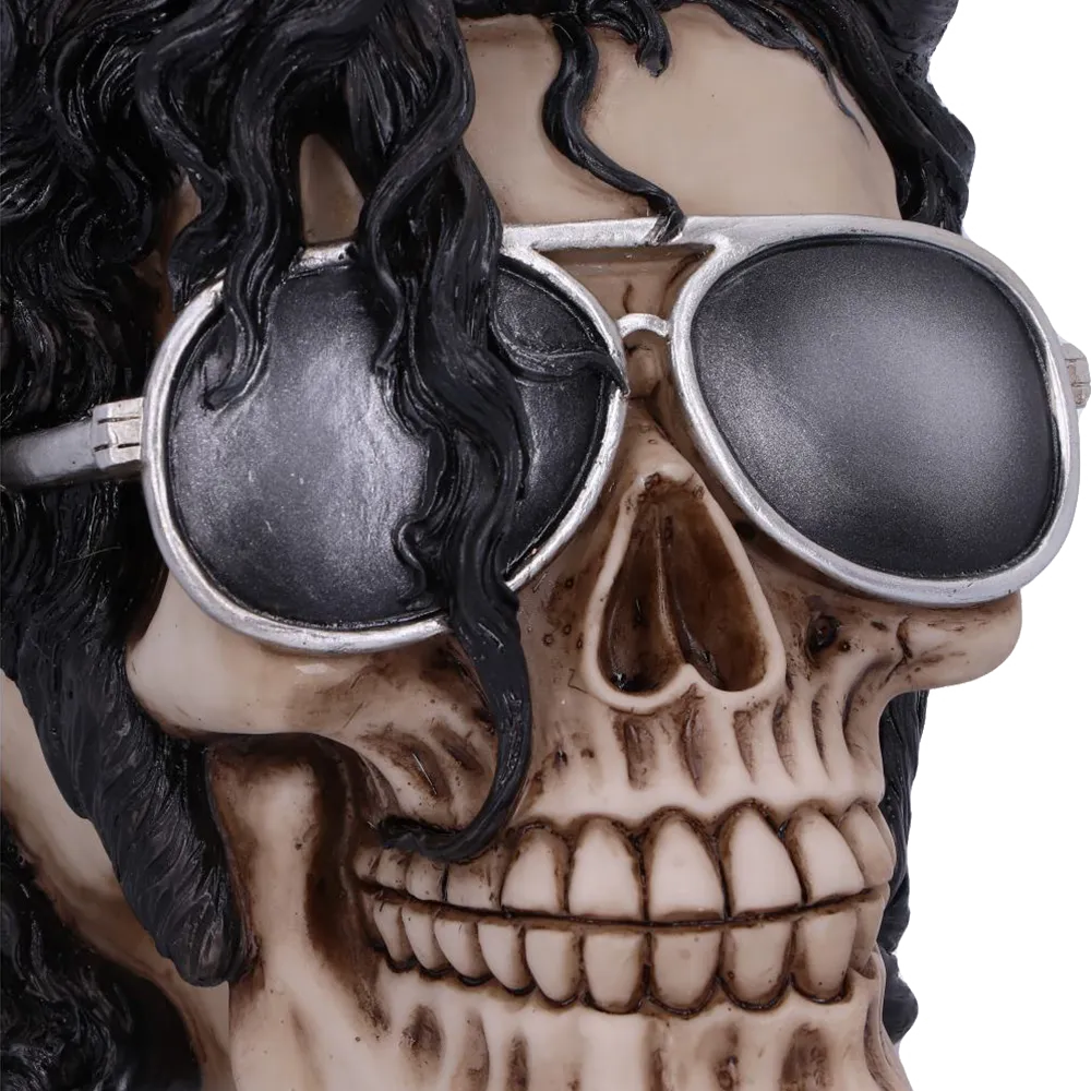 Détail des cheveux noirs et des lunettes du crâne Bad