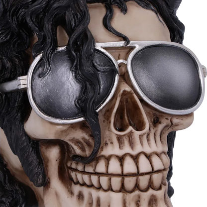 Détail des cheveux noirs et des lunettes du crâne Bad