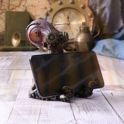 support téléphone steampunk poulpe doré avec smartphone en paysage