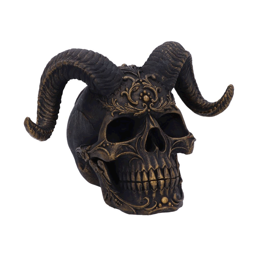 Crâne Diabolus Nemesis Now avec cornes et détails dorés - vue à 360°