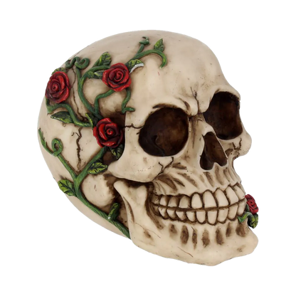 Crâne décoratif “Rose From Beyond” 15 cm – sculpture gothique ornée de roses rouges et de lianes vertes