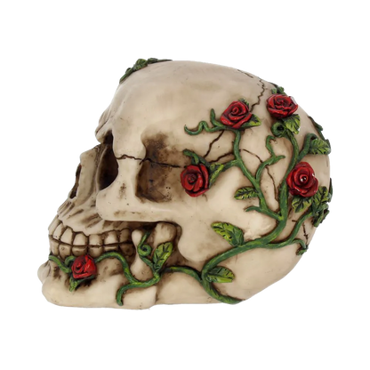 Crâne décoratif Nemesis Now – vue de profil avec roses et feuillage grimpant sur le crâne