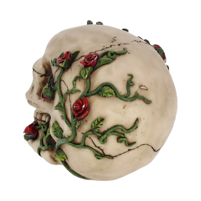 Crâne gothique décoré de roses rouges – vue arrière du modèle en résine