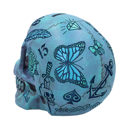 Crâne Tattoo Fund bleu – détails papillon et ancre à l’arrière