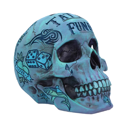 Crâne Tattoo Fund bleu – vue rapprochée côté gauche