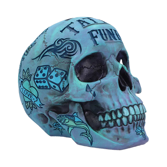 Crâne Tattoo Fund bleu – vue rapprochée côté gauche