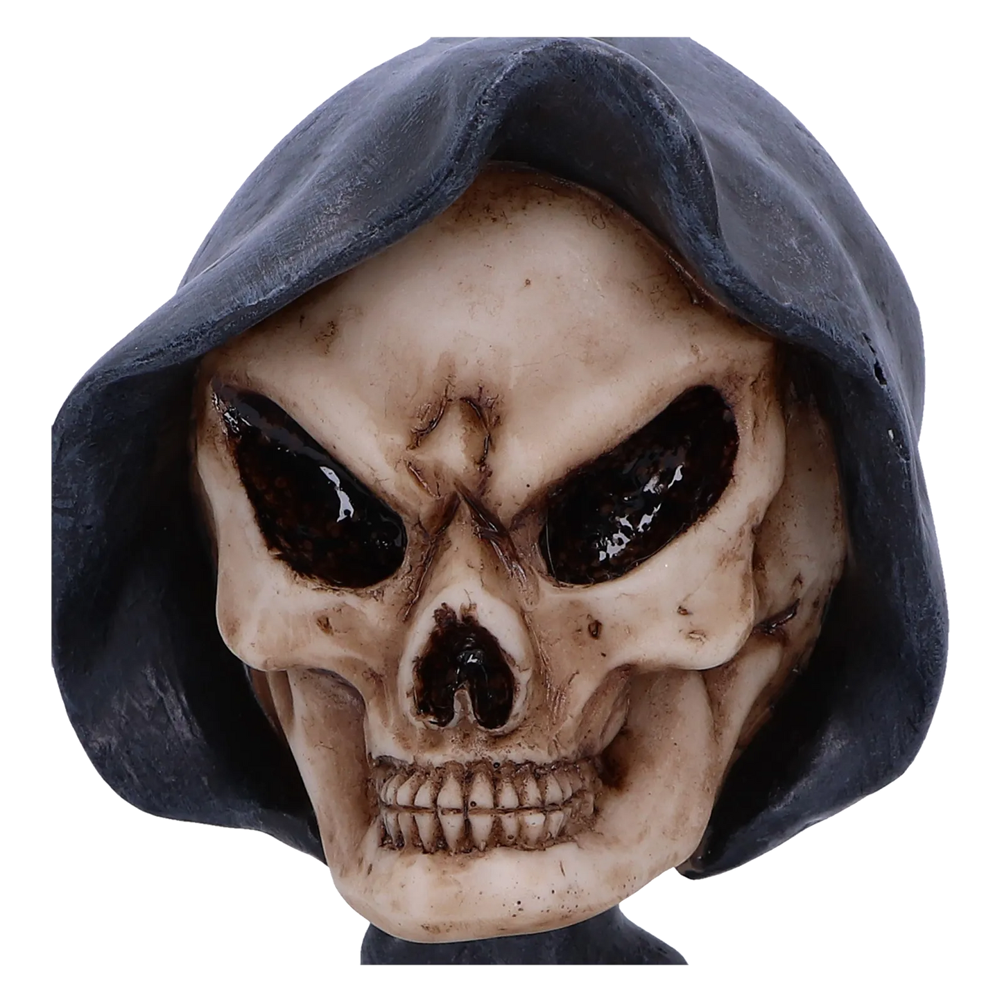 Gros plan sur le visage de la Faucheuse “Reaper’s Wish” – crâne expressif et yeux sombres