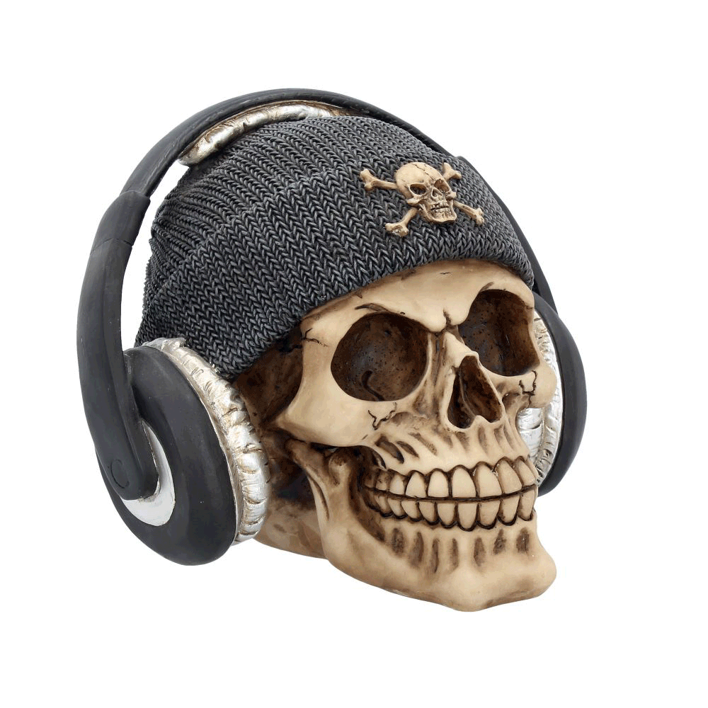 Crâne “Dead Beat” – bonnet gris et casque audio vue à 360°