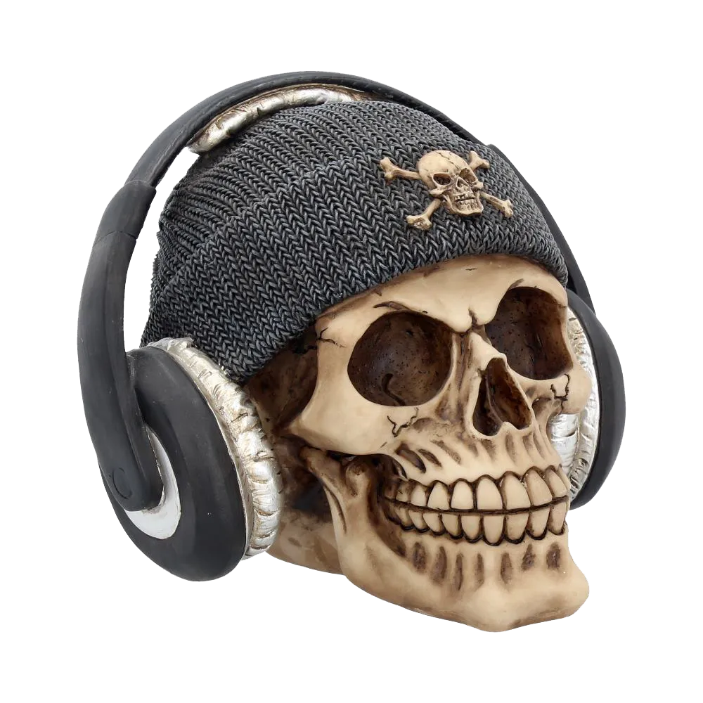 Crâne “Dead Beat” 17 cm – bonnet gris et casque audio argenté, sculpture Nemesis Now