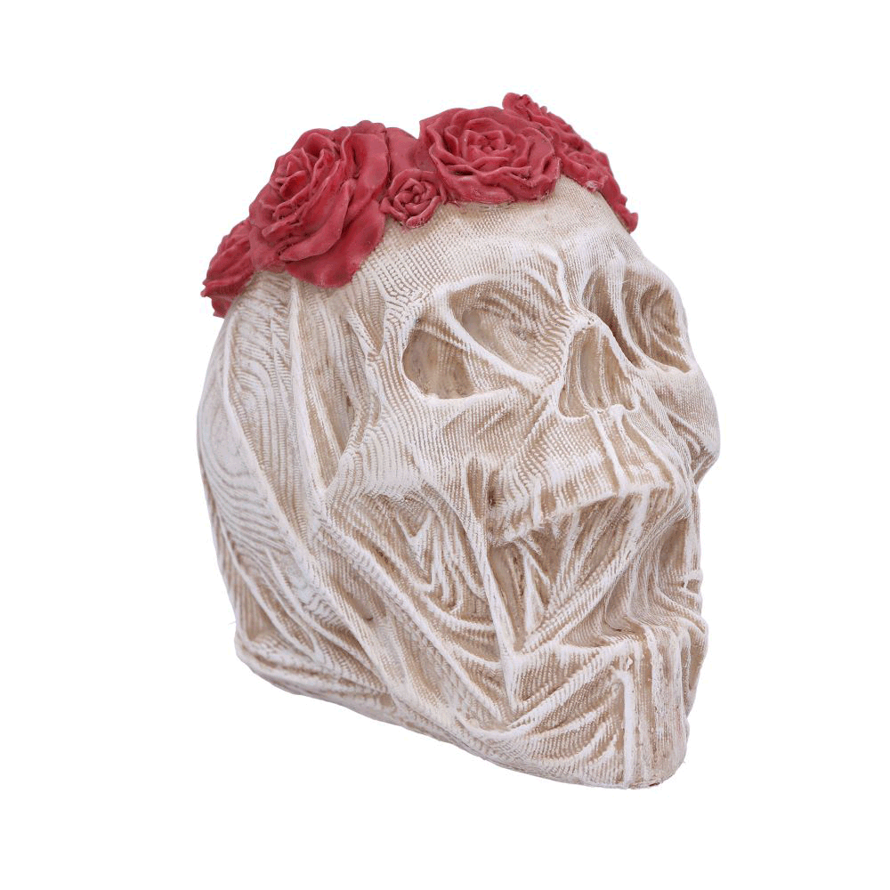 Crâne “The Veil” – vue à 360° avec voile sculpté et roses sur le sommet du crâne