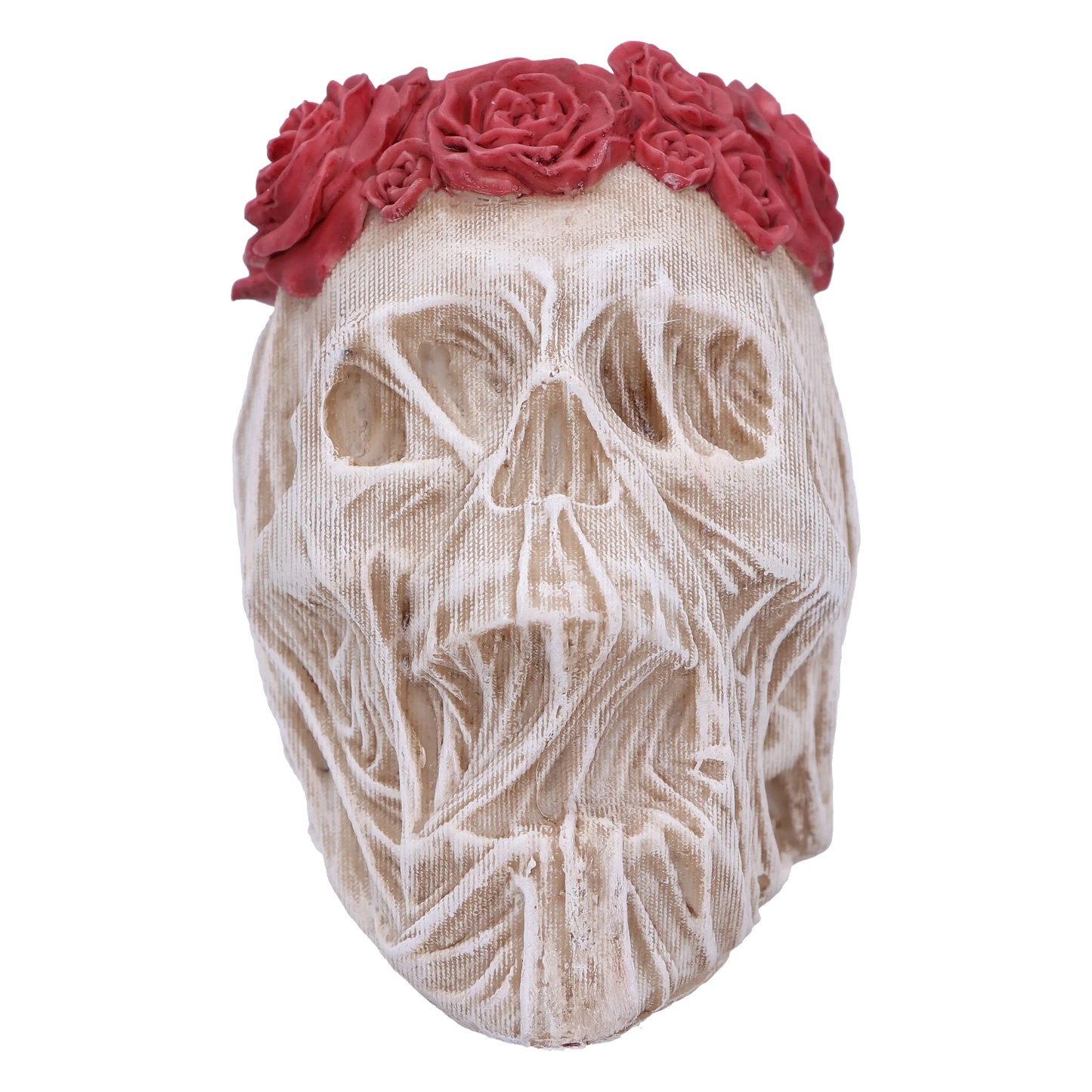 Crâne “The Veil (Small)” – vue de face avec voile sculpté et roses sur le sommet du crâne