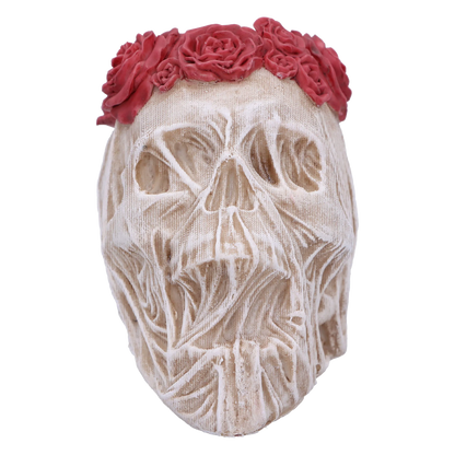 Crâne “The Veil (Small)” – vue de face avec voile sculpté et roses sur le sommet du crâne