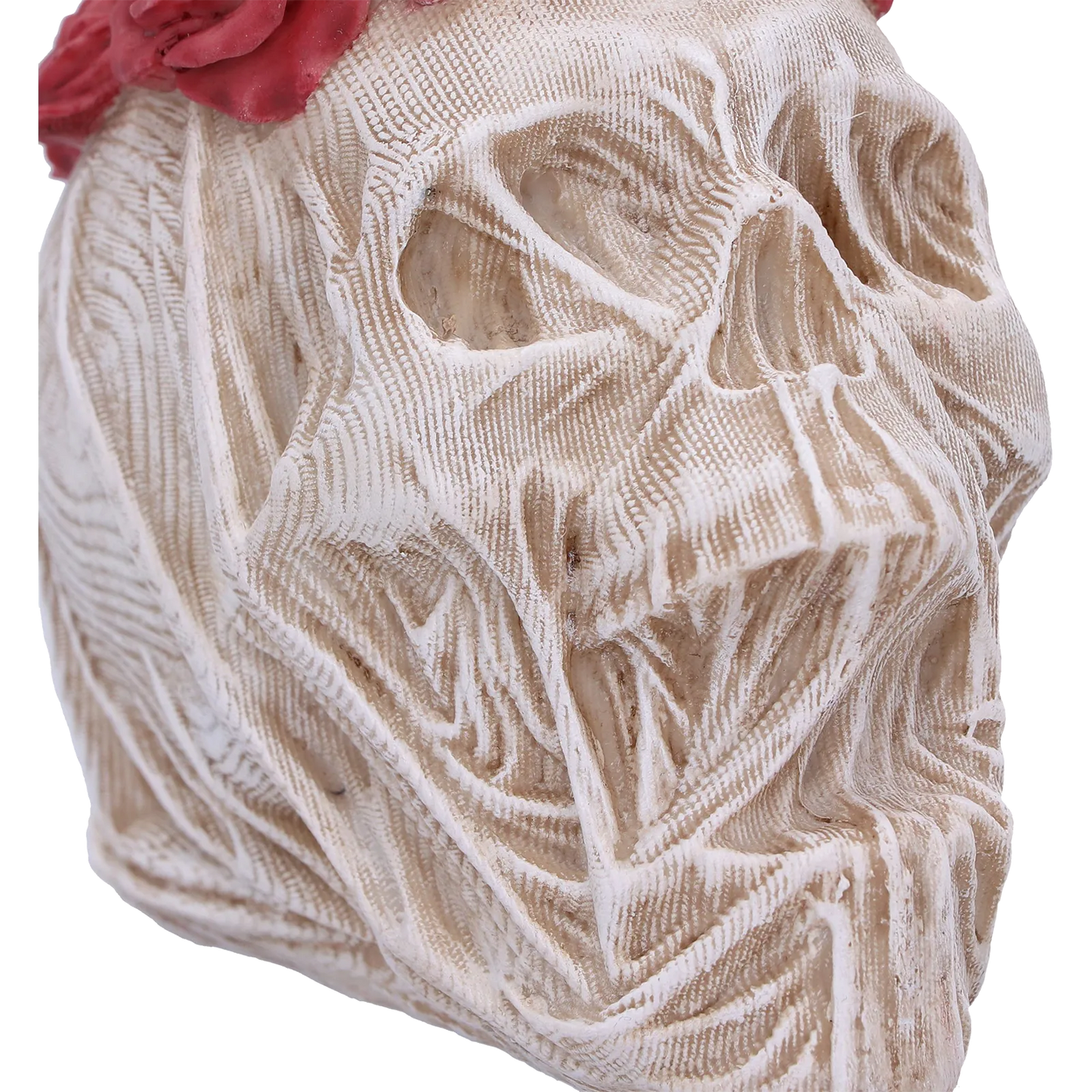 Crâne décoratif “The Veil” – gros plan sur les roses rouges et texture ivoire du voile