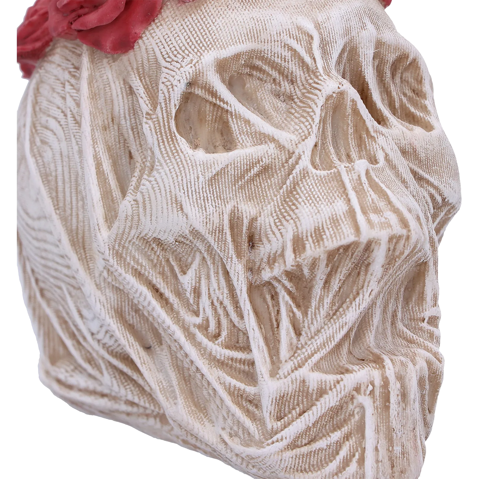 Crâne décoratif “The Veil” – gros plan sur les roses rouges et texture ivoire du voile