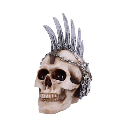 Crâne décoratif punk Chain Blade en résine, crête en lames argentées et chaînes métalliques