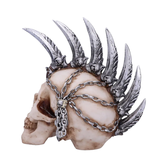 Vue latérale du crâne Chain Blade Mohawk avec lames argentées et chaînes détaillées