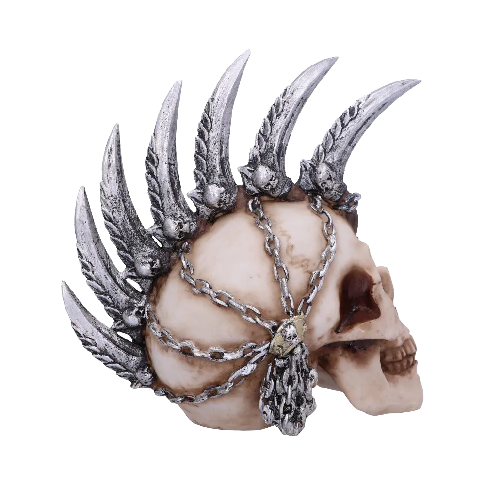 Crâne punk Chain Blade vu de profil, crête de lames argentées et finition os vieilli