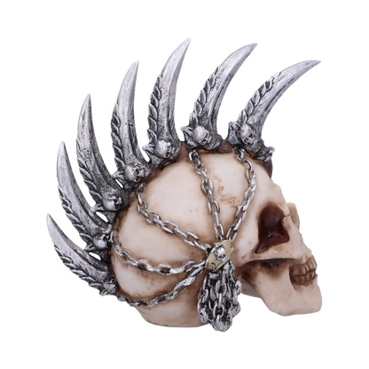 Crâne punk Chain Blade vu de profil, crête de lames argentées et finition os vieilli