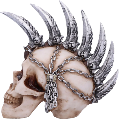Crâne décoratif Chain Blade avec crête mohawk en métal et teintes os naturelles