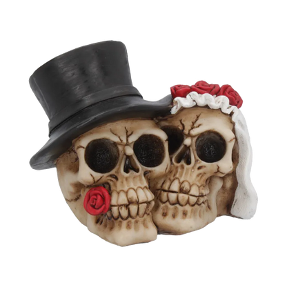 Figurine gothique Together Forever – couple de crânes mariés avec chapeau haut-de-forme et voile blanc
