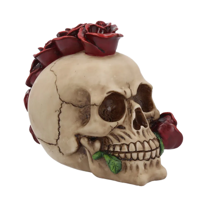 Figurine gothique Rosehawk – crâne avec roses rouges formant une crête punk