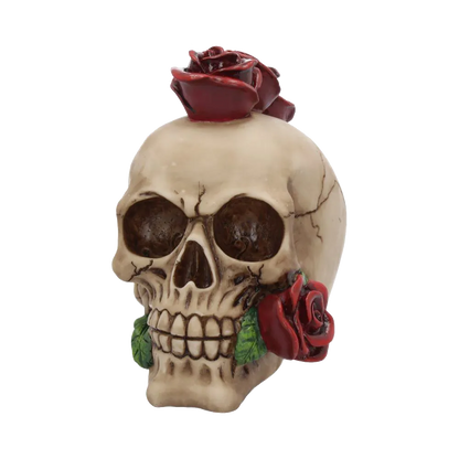 Vue avant de la figurine Rosehawk – crâne gothique orné de roses rouges