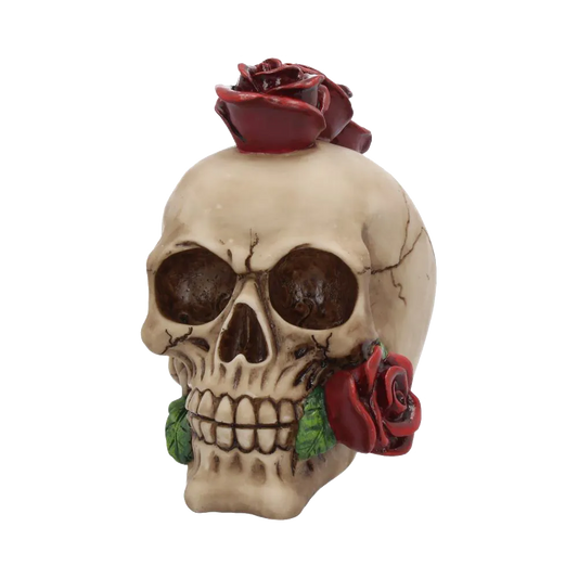 Vue avant de la figurine Rosehawk – crâne gothique orné de roses rouges