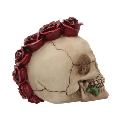 Vue 3/4 arrière – crâne gothique Rosehawk avec crête de roses rouges