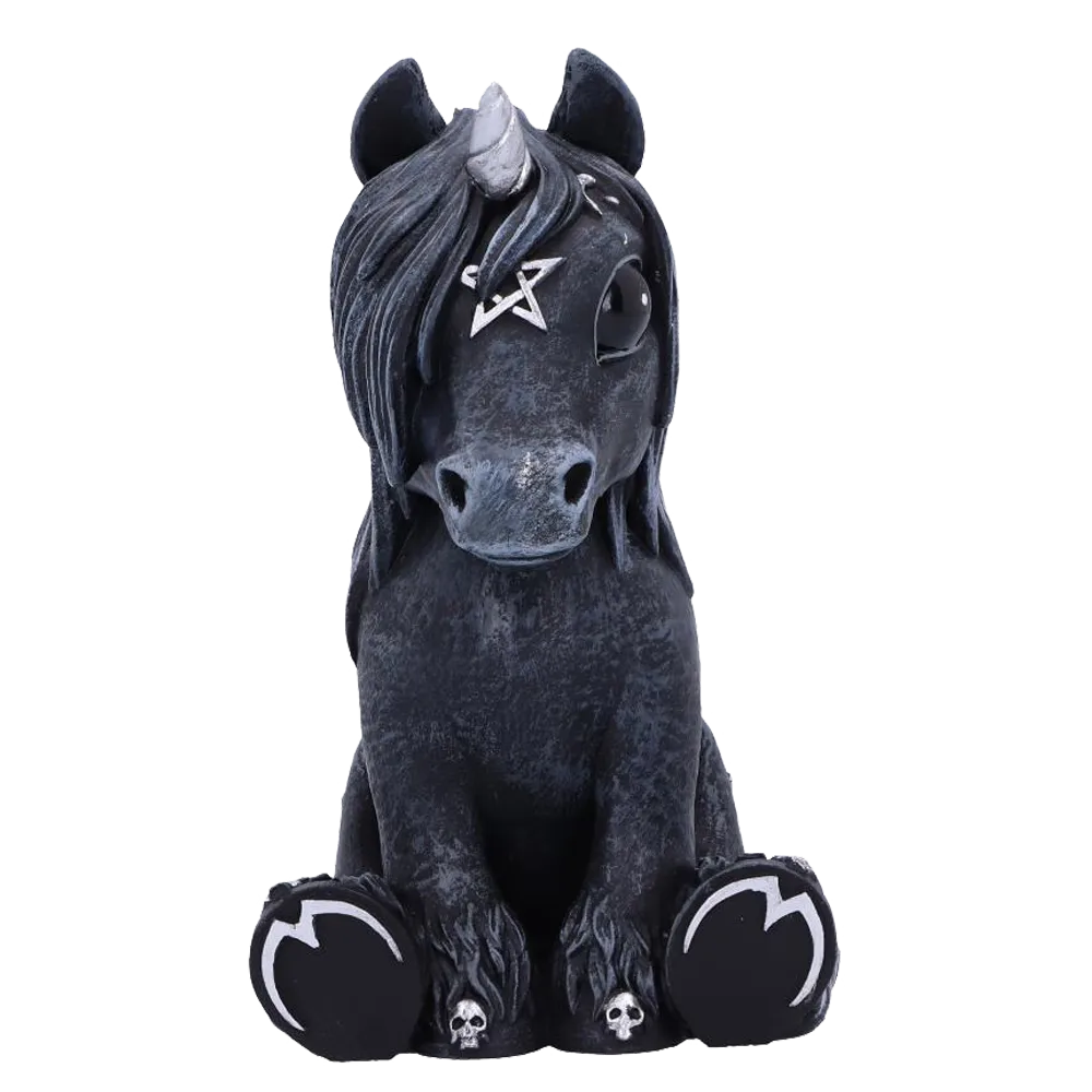 Figurine Culticorn Nemesis Now - vue de face, licorne noire gothique avec corne argentée et pentacle.