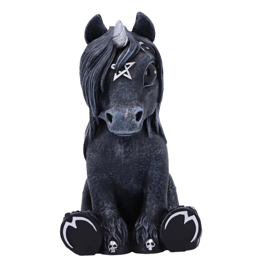 Figurine Culticorn Nemesis Now - vue de face, licorne noire gothique avec corne argentée et pentacle.