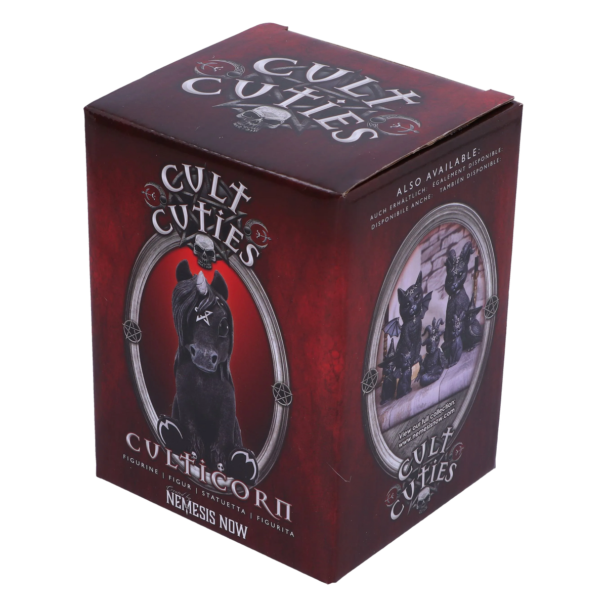 Boîte d’emballage Culticorn Nemesis Now - collection Cult Cuties rouge et noire.
