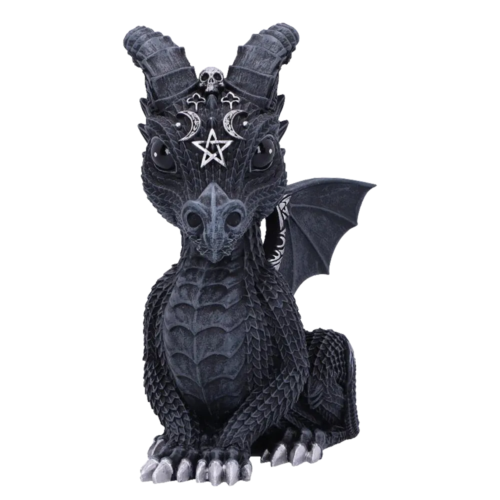 Figurine dragon Lucifly noire face avant avec symboles occultes argentés