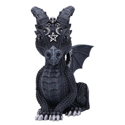 Figurine dragon Lucifly noire face avant avec symboles occultes argentés
