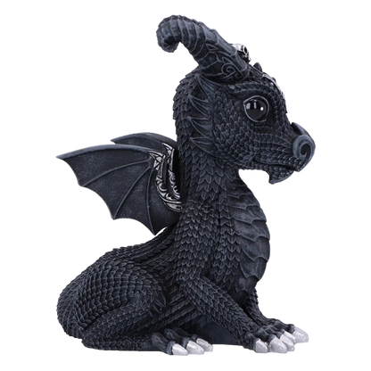 Vue latérale droite du dragon noir Lucifly ailes repliées Nemesis Now