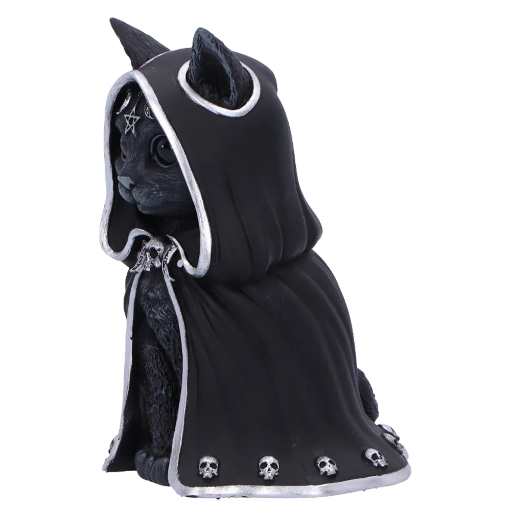 Chat occultiste Zefur Nemesis Now vue de profil gauche avec capuche et crânes