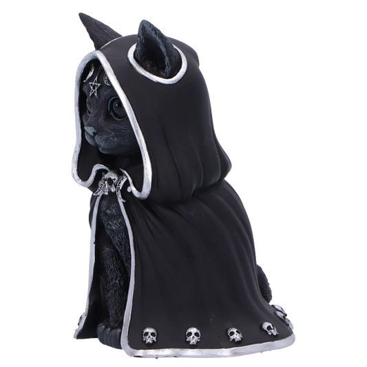 Chat occultiste Zefur Nemesis Now vue de profil gauche avec capuche et crânes