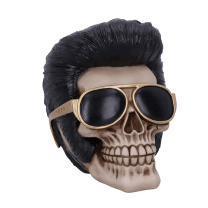 Crâne Elvis avec banane noire et lunettes dorées - vue à 360° | Elvis skull with black pompadour and gold glasses - 360° view