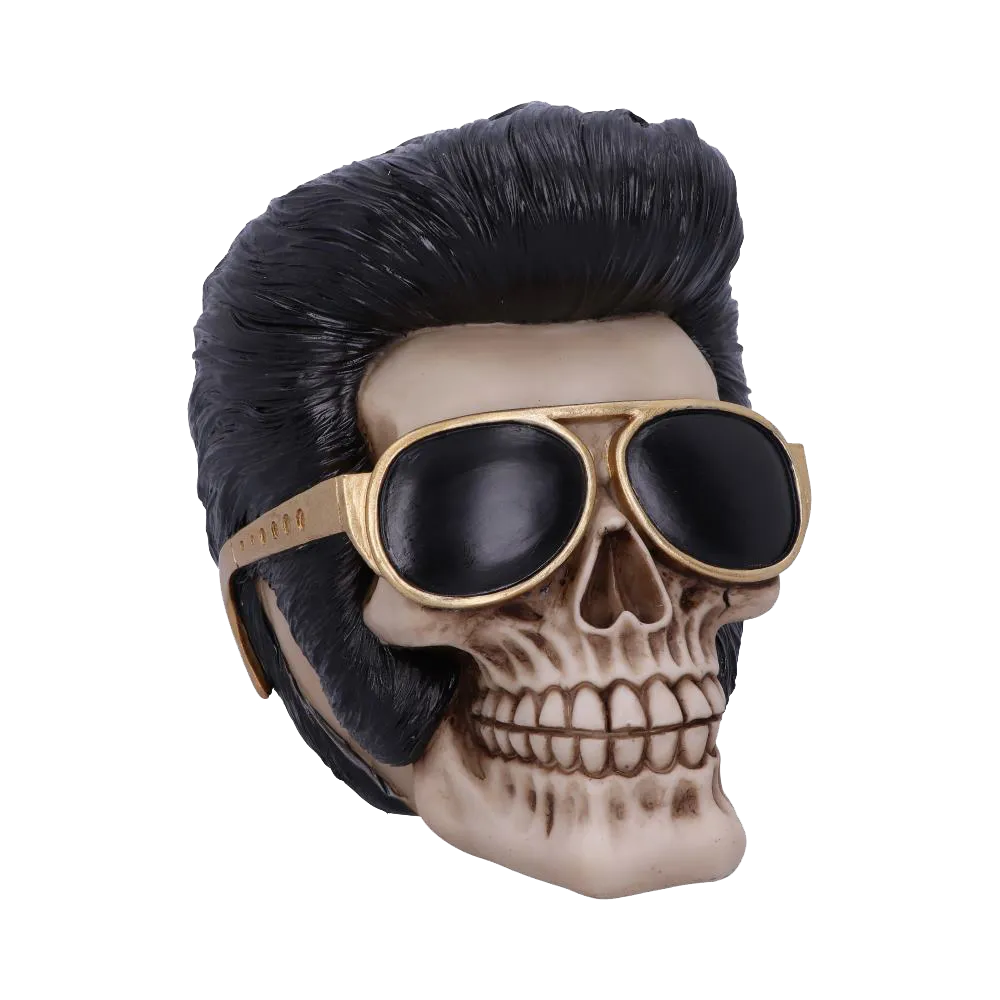 Crâne Elvis avec banane noire et lunettes dorées | Elvis skull with black pompadour and gold glasses