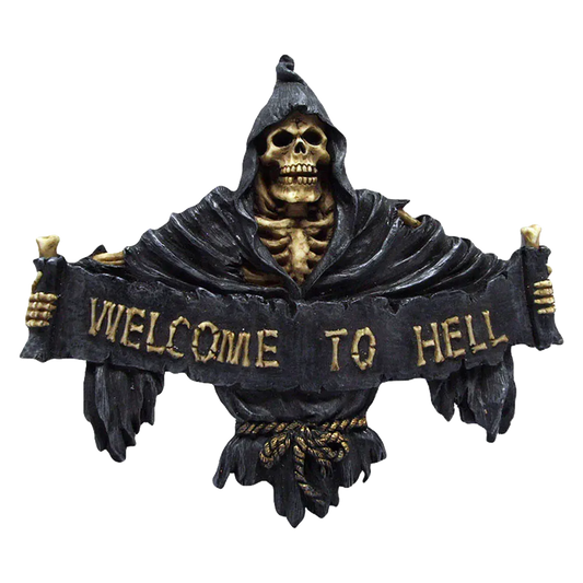 Plaque murale Welcome to Hell avec faucheuse gothique
