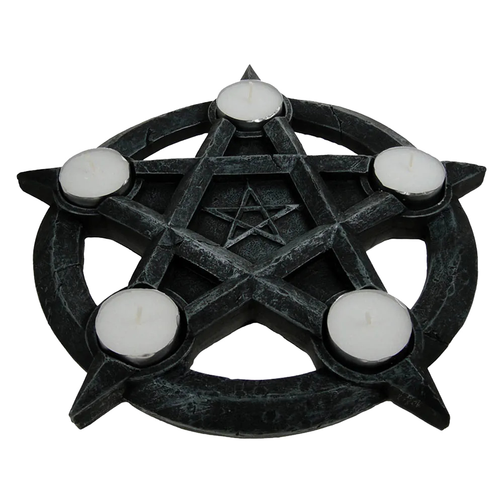 Bougeoir wiccan en résine noire avec pentacle central | Wiccan candle holder in black resin with central pentacle