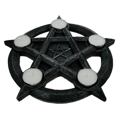 Bougeoir wiccan en résine noire avec pentacle central