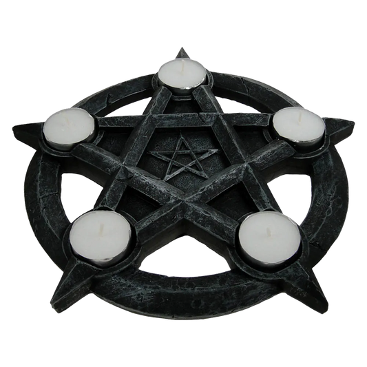 Bougeoir wiccan en résine noire avec pentacle central