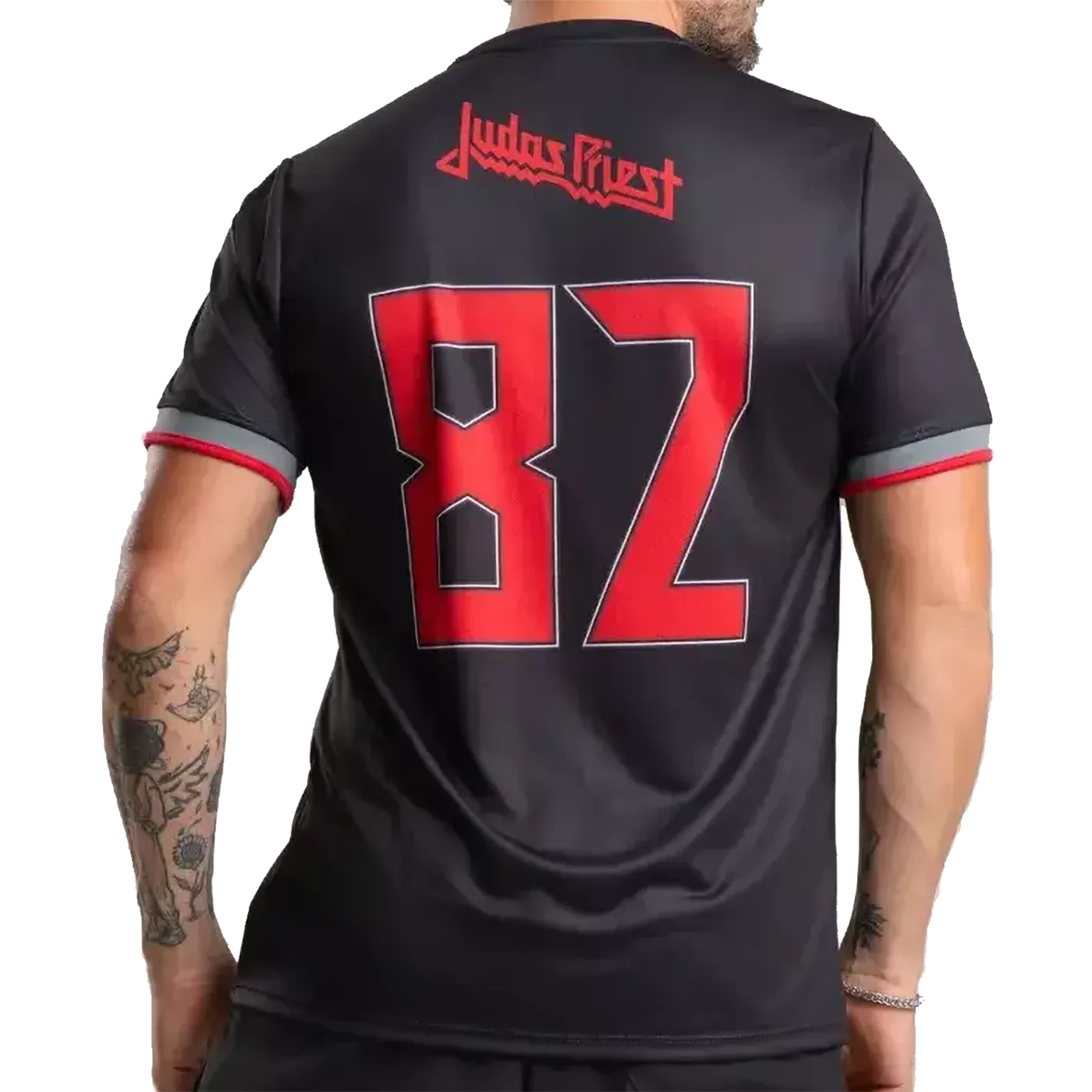Maillot de football officiel Judas Priest Metal Gods – vue de dos avec logo Judas Priest et numéro 82 rouge | Official Judas Priest Metal Gods football shirt – back view with Judas Priest logo and red number 82