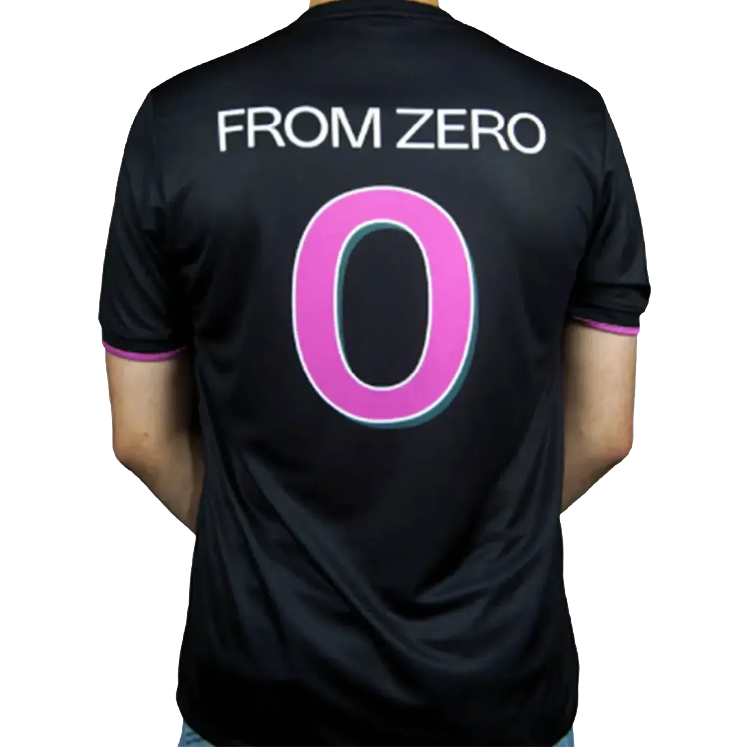 Maillot Linkin Park From Zero officiel – vue de dos avec inscription From Zero et grand numéro 0 rose | Official Linkin Park From Zero football shirt – back view with From Zero lettering and large pink number 0